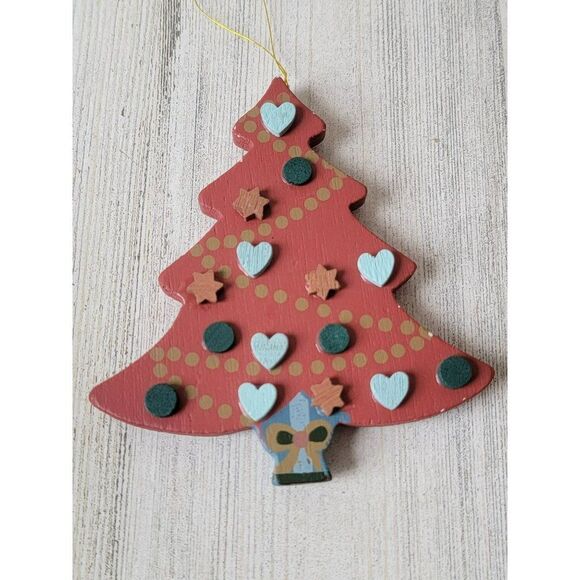 Wooden red tree star heart hand paint ornament Xmas decor - Picture 6 of 6